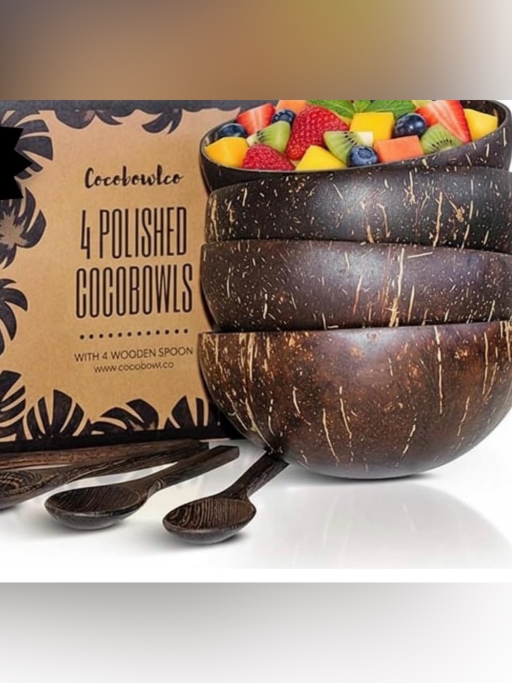 NEW in box 4 Cocobowlco Polished Coconut Bowls with Spoons Dark Brown
